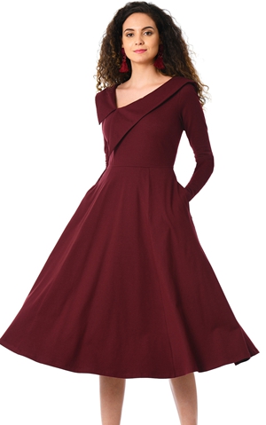 BY610388-3 Burgundy Retro Inspired Asymmetric Collar Flared Dress